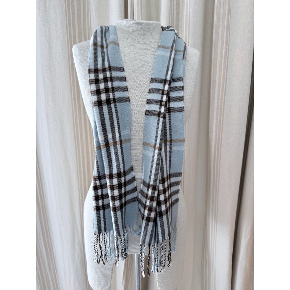 Light Blue Plaid Fringe Scarf Brown Black Cream Classic Check 11x60" 149